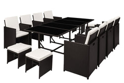 Table et chaises 12 places en résine tressée noir et blanc LOUISIANE