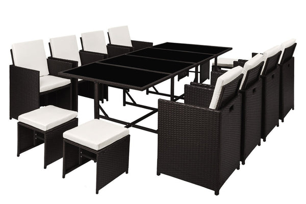 Table et chaises 12 places en résine tressée noir et blanc LOUISIANE