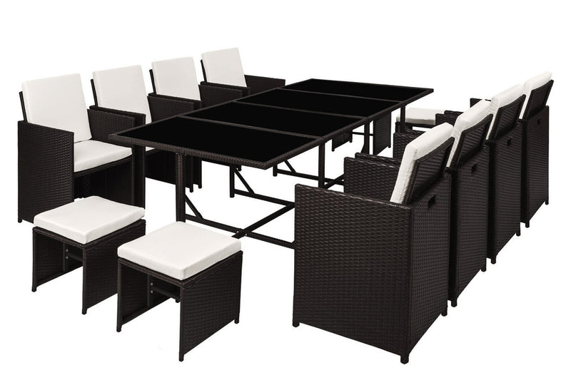 Table et chaises 12 places en résine tressée noir et blanc LOUISIANE