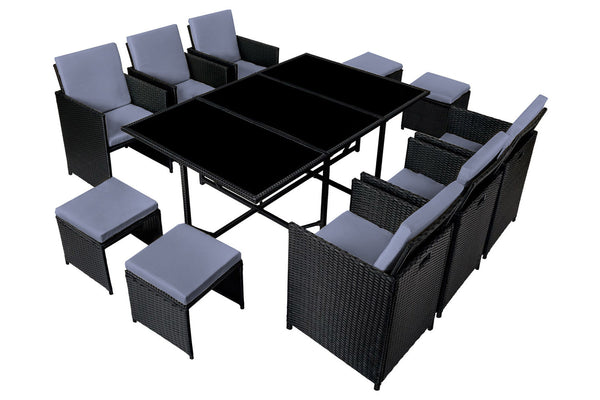 Table et chaises 10 places en résine tressée noir et gris LOUISIANE