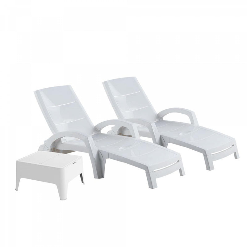 Lot de 2 bains de soleil et table d'appoint blanc