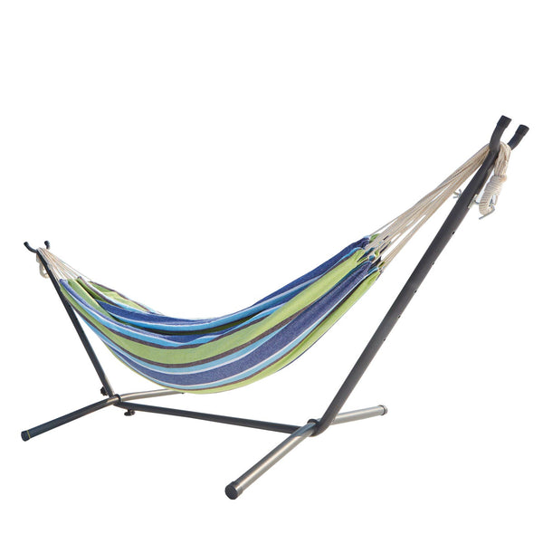 Hamac sur pied 2,6 m avec toile en polyester bleu et vert SAGUEDO