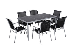 Table de jardin et 6 chaises en acier et toile PVC gris ATIMA