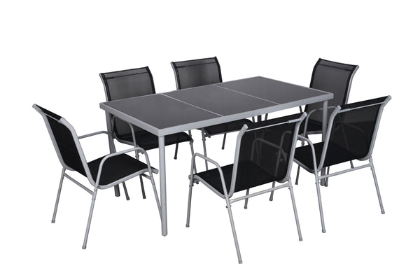 Table de jardin et 6 chaises en acier et toile PVC gris ATIMA