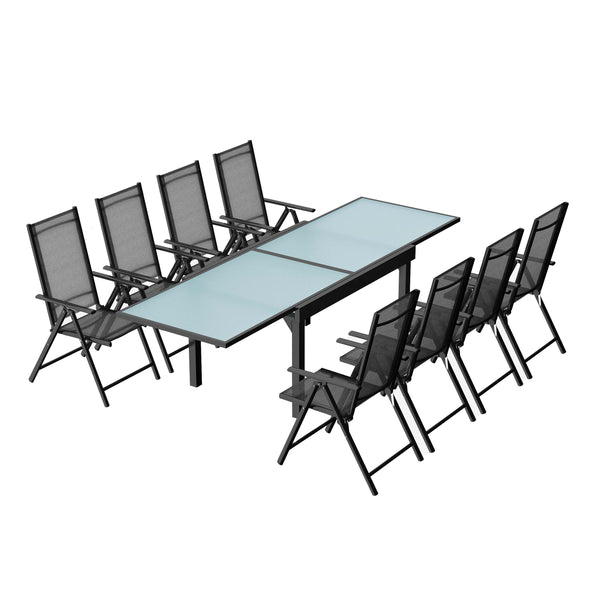 Table de jardin extensible et 8 fauteuils en alu et toile PVC CALAMATA
