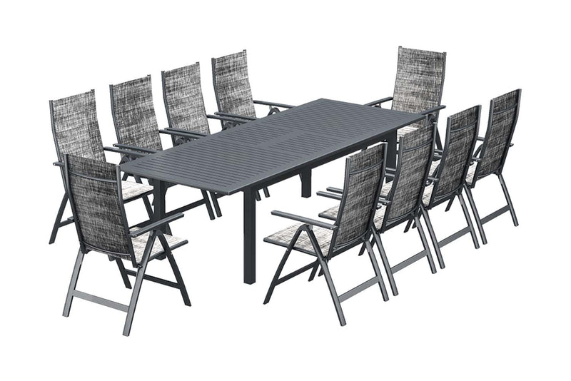 Table de jardin extensible 10 places et 10 fauteuils en alu JAZZI