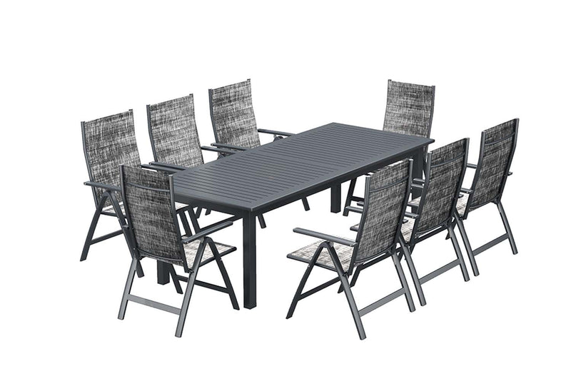 Table de jardin extensible 10 places et 8 fauteuils en alu JAZZI