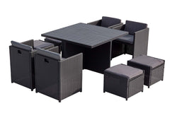Table et chaises 8 places encastrables alu et résin noir/gris ABASA