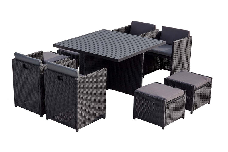 Table et chaises 8 places encastrables alu et résin noir/gris ABASA