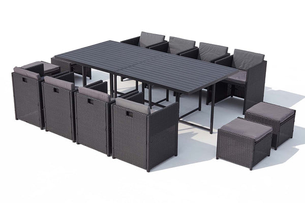 Table et chaise 12 places encastrables alu résine noir/gris ABASA