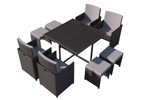 Table et chaises 8 places en résine tressée noir et gris LOUISIANE