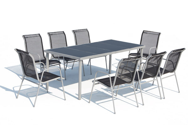 Table de jardin et 8 chaises en acier et toile PVC gris ATIMA