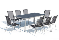 Table de jardin et 8 chaises en acier et toile PVC gris ATIMA