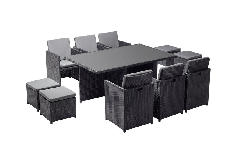 Table et chaises 10 places encastrables en résine noir/gris DALMA
