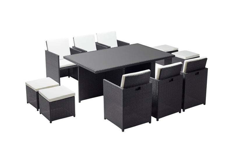 Table et chaises 10 places encastrables résine noir/blanc DALMA