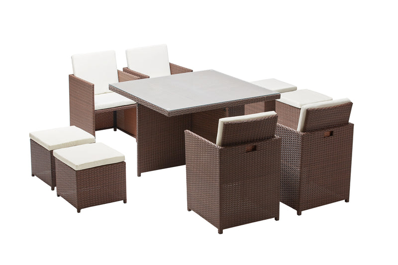 Table et chaises 8 places encastrables résine marron/blanc DALMA