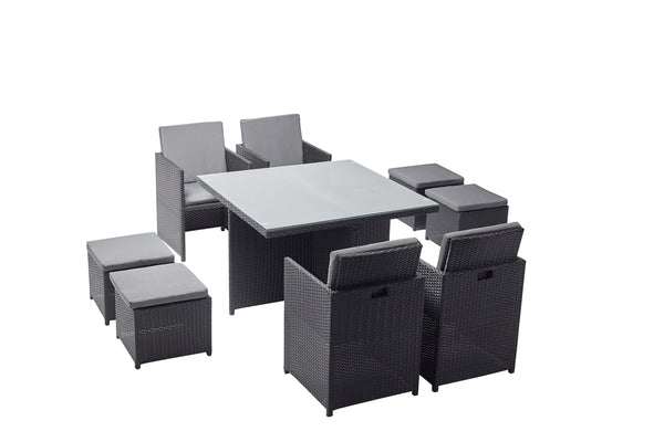 Table et chaises 8 places encastrables en résine noir/gris DALMA