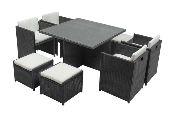 Table et chaises 8 places encastrables en résine gris/blanc REGINA