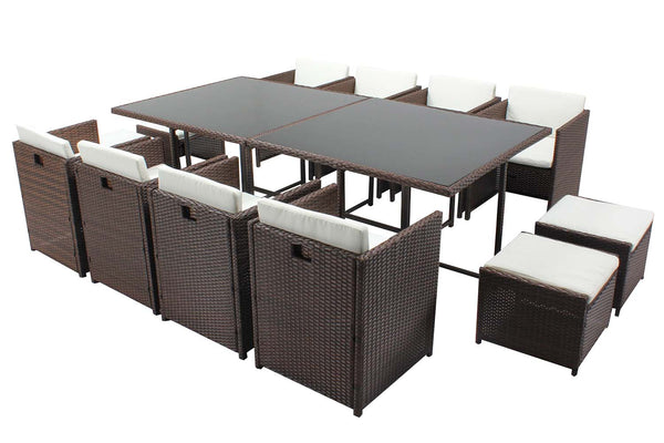 Table et chaises 12 places encastrables résine marron/blanc REGINA