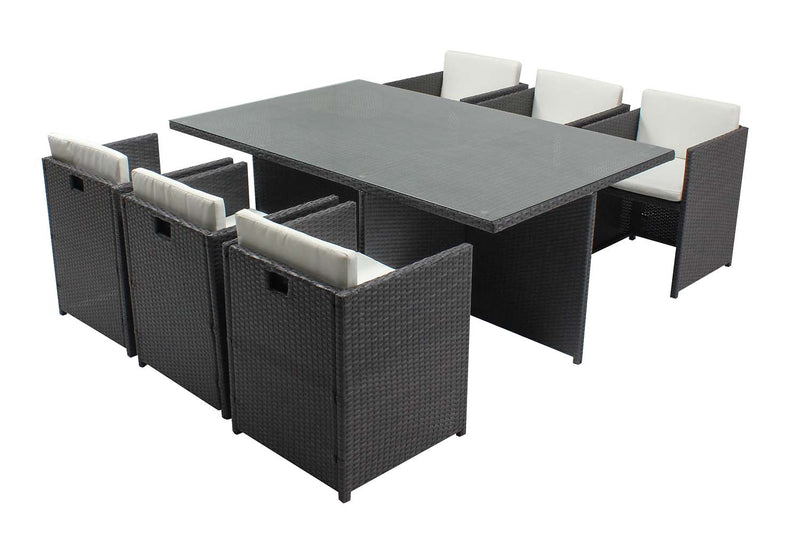 Table et chaises 6 places encastrables en résine gris/blanc REGINA
