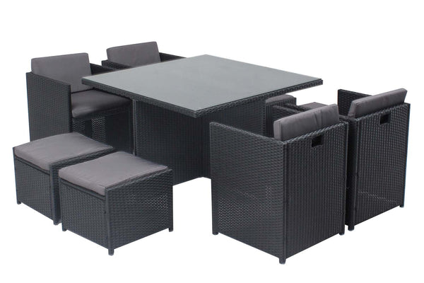 Table et chaises 8 places encastrables en résine noir/gris REGINA