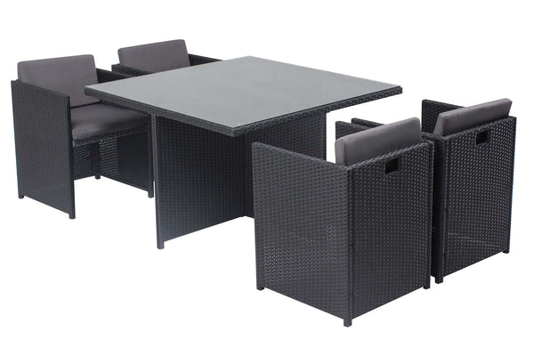 Table et chaises 4 places encastrables en résine noir/gris REGINA
