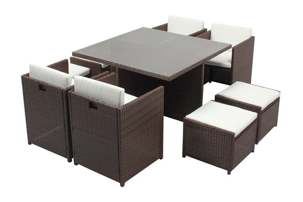 Table et chaises 8 places encastrables résine marron/blanc REGINA