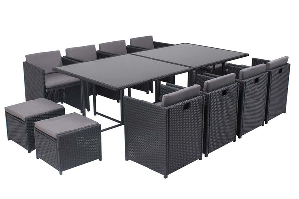 Table et chaises 12 places encastrables en résine noir/gris REGINA