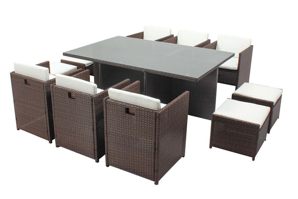 Table et chaises 10 places encastrables résine marron/blanc REGINA