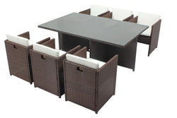 Table et chaises 6 places encastrables résine marron/blanc REGINA