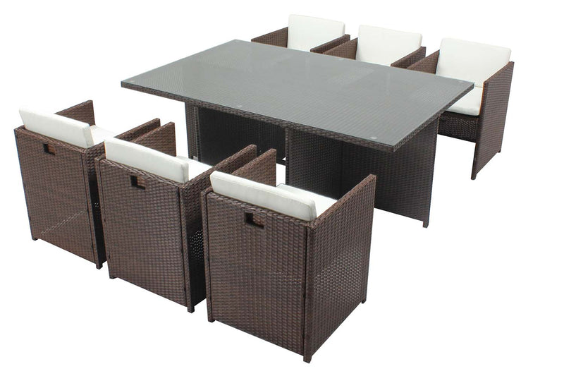 Table et chaises 6 places encastrables résine marron/blanc REGINA
