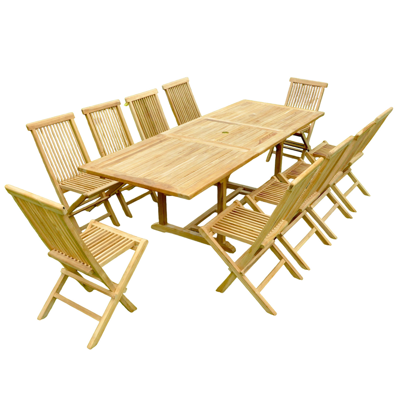 Salon de jardin teck massif 10-12 personnes table rectangulaire 10 chaises ADAGNA