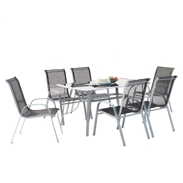 Table de jardin et 6 chaises en aluminium et acier gris BOROA
