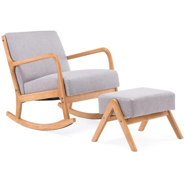 Rocking Chair + pouf scandinave en bois et tissu gris BLOOM