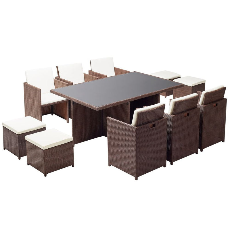Table et chaises 10 places encastrables résine marron/blanc DALMA
