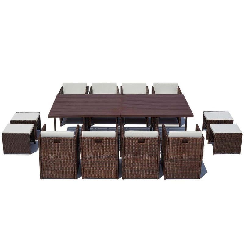 Table et chaise 12 places encastrables alu résine marron/blanc ABASA