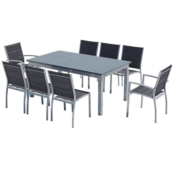 Table de jardin extensible et 8 chaises alu/toile PVC gris BERENIS