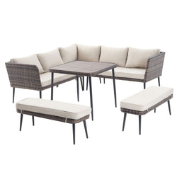 Salon de jardin 9 places en résine marron beige GULO
