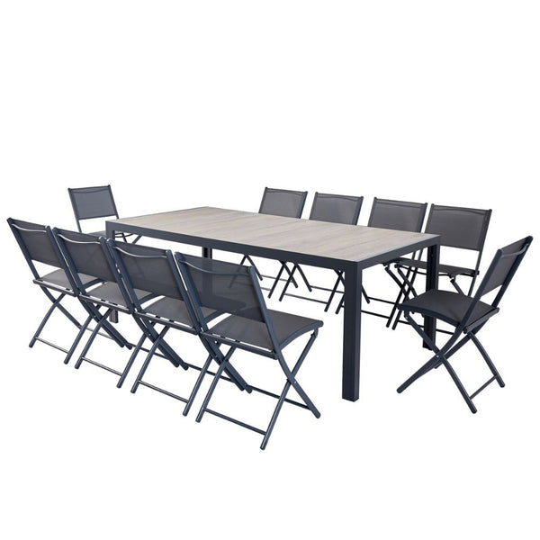 Ensemble table aluminium effet bois et 10 chaises NAIROBI