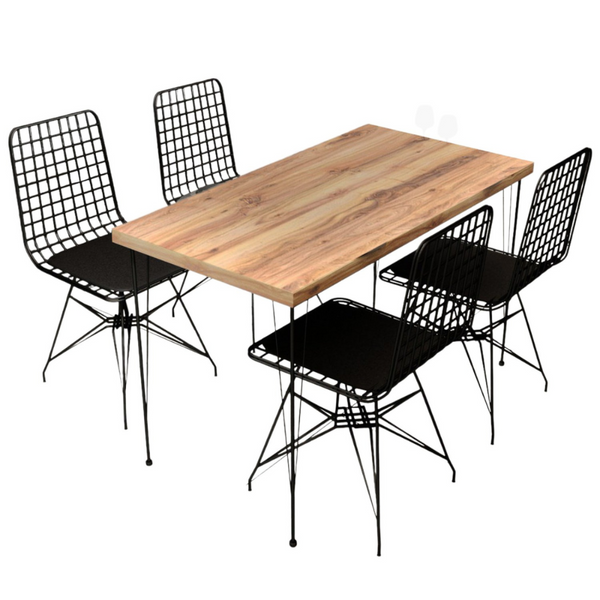 Ensemble repas table et chaises industriel bois et noir VERA