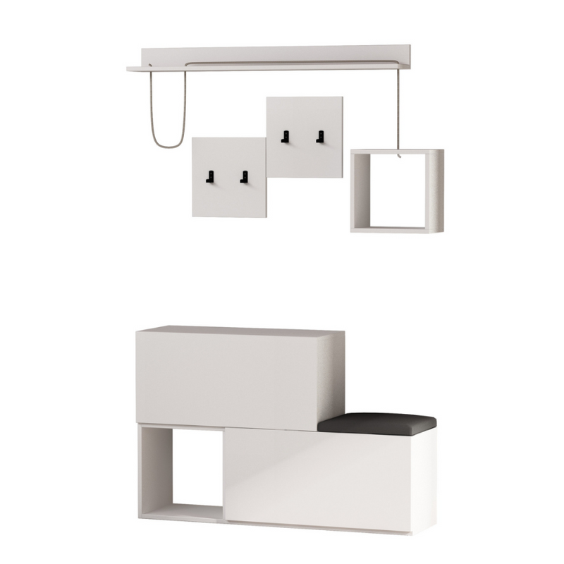 ACCRA - Meuble d'entrée blanc avec porte manteau, rangement et miroir