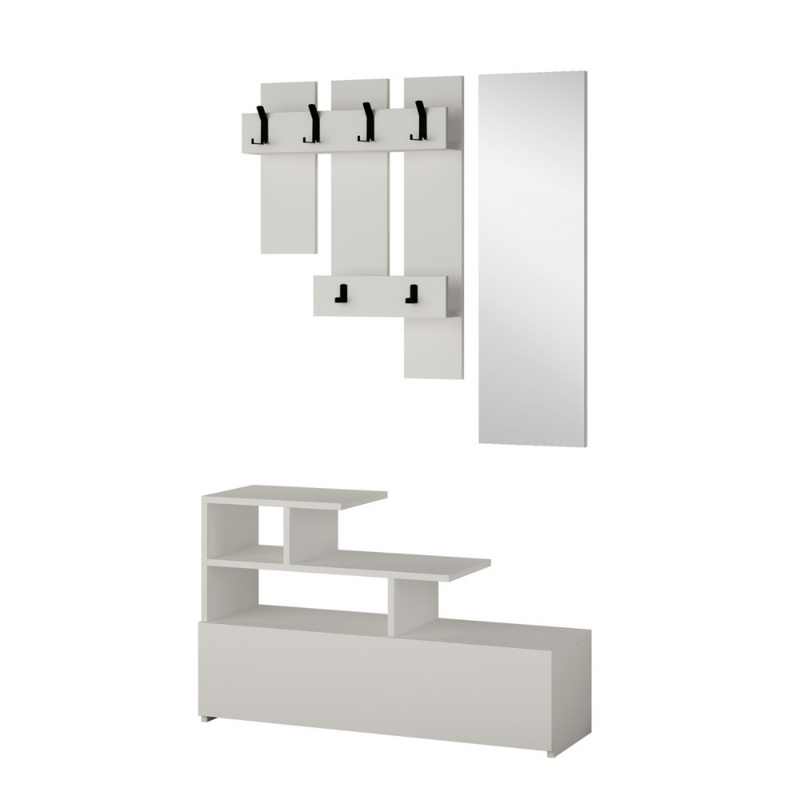 ACCRA - Meuble d'entrée effet bois avec porte manteau, rangement et miroir