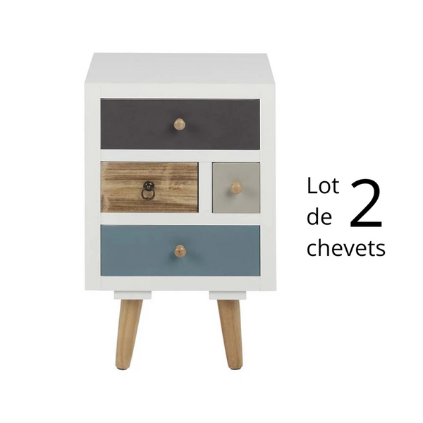 DAKAR - Lot de 2 tables de chevet - 4 tiroirs multicolores