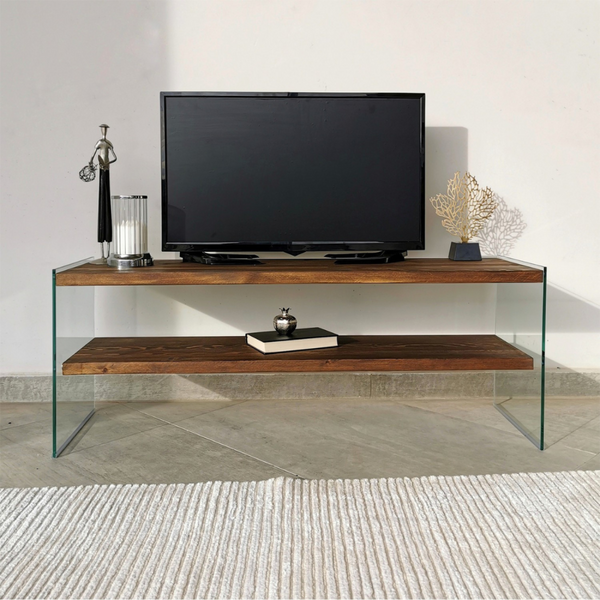 JOY - Meuble TV contemporain verre et bois 120 cm