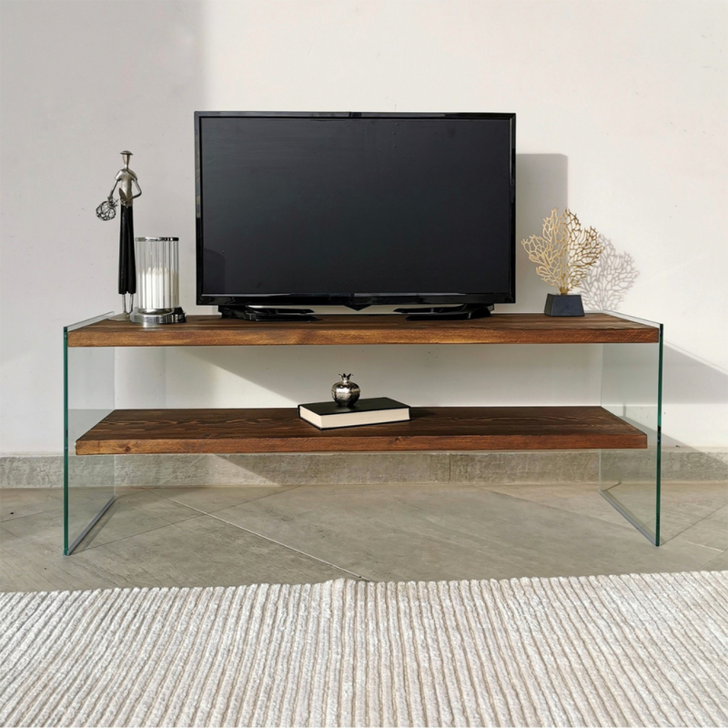 JOY - Meuble TV contemporain verre et bois 120 cm
