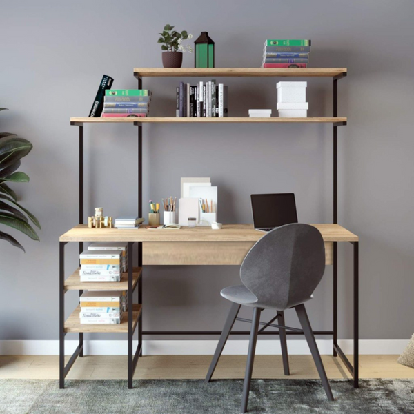 FORSSA - Bureau style industriel chêne et noir à étagères