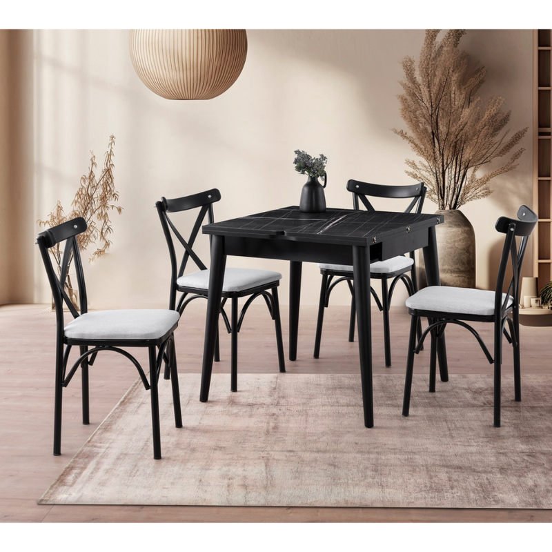 KAVALA - Table à manger extensible 4 personnes marbre noir 80 cm