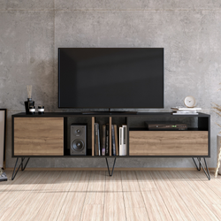 BAYLEE - Meuble TV industriel bois et noir avec rangement 180 cm