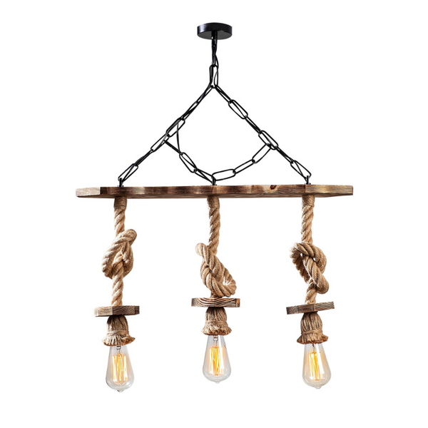 CASABLANCA - Suspension rustique filaire 3 lampes cordes et bois