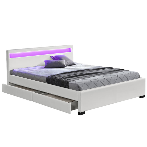 Structure de lit LED avec rangements 140 x 190 cm blanc NEXUS